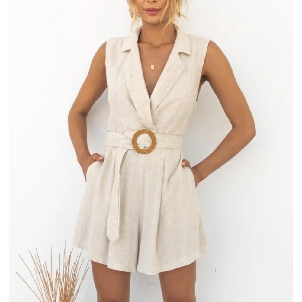 Petal & Pup Linen Sleeveless Belted Romper in Natural Cream